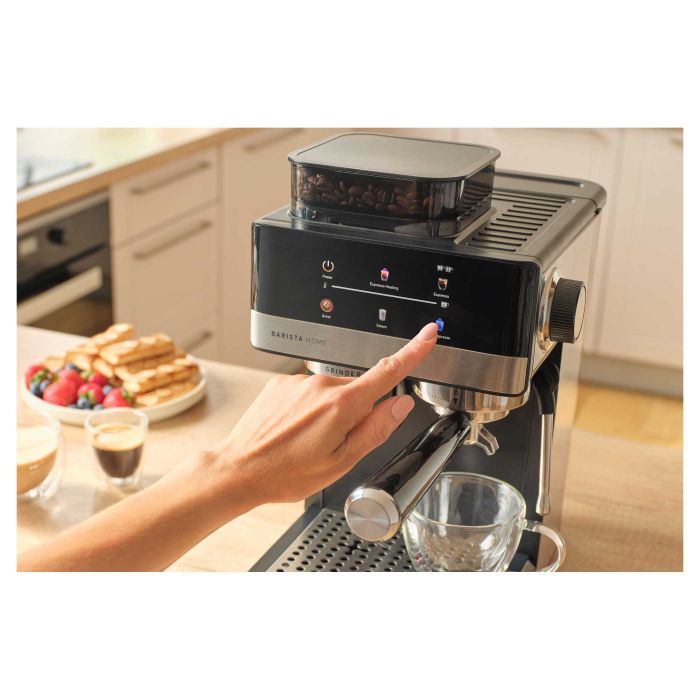 Кавоварка Sencor ріжкова 1.8л, зерно+мелена, вдубована кавомолка, дисплей, нерж. сталь-чорний