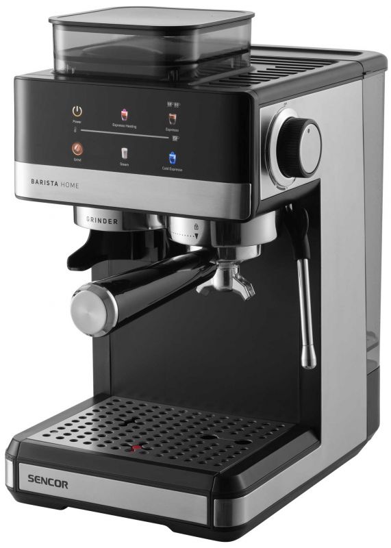 Кавоварка Sencor ріжкова 1.8л, зерно+мелена, вдубована кавомолка, дисплей, нерж. сталь-чорний