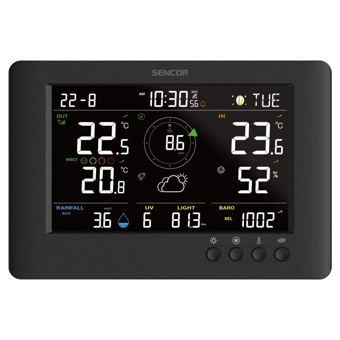 Метеостанція Sencor, внутр/зовн вимірювання, від мережі/CR2032x1+AAx3, темп-ра, вологість, час, прогноз погоди, атмосферний тиск, шв. вітру, чорний