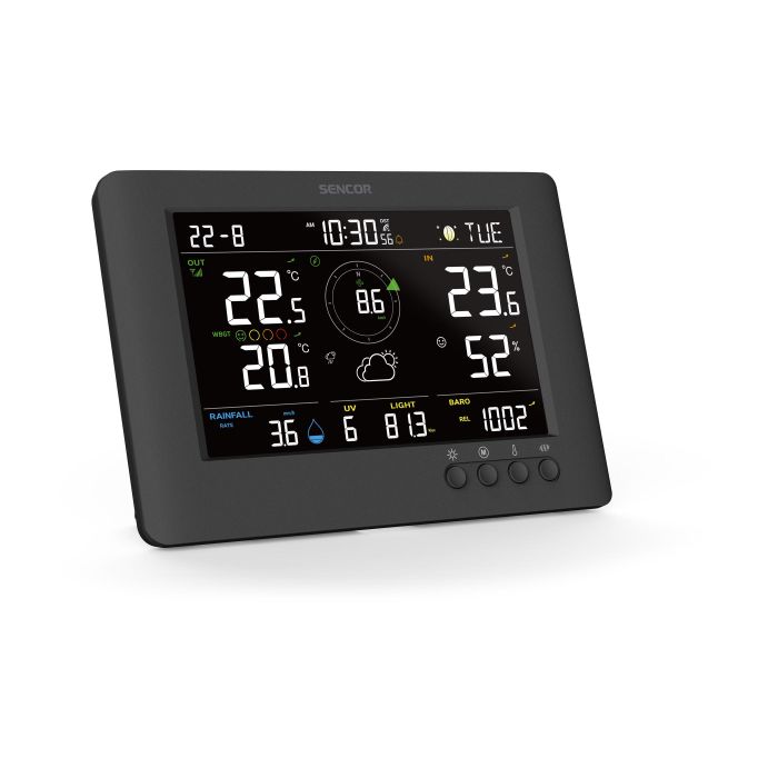 Метеостанція Sencor, внутр/зовн вимірювання, від мережі/CR2032x1+AAx3, темп-ра, вологість, час, прогноз погоди, атмосферний тиск, шв. вітру, чорний