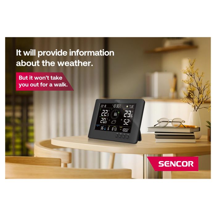 Метеостанція Sencor, внутр/зовн вимірювання, від мережі/CR2032x1+AAx3, темп-ра, вологість, час, прогноз погоди, атмосферний тиск, шв. вітру, чорний