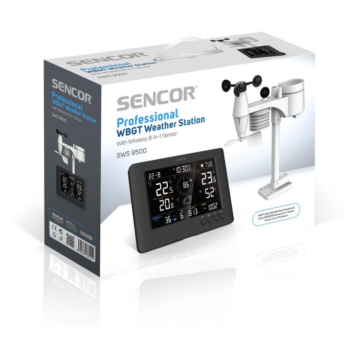 Метеостанція Sencor, внутр/зовн вимірювання, від мережі/CR2032x1+AAx3, темп-ра, вологість, час, прогноз погоди, атмосферний тиск, шв. вітру, чорний
