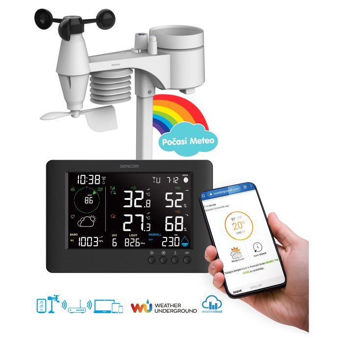Метеостанція Sencor, внутр/зовн вимірювання, від мережі/CR2032x1+AAx3, темп-ра, вологість, час, прогноз погоди, атмосферний тиск, шв. вітру, підкл. до WIFI, чорний