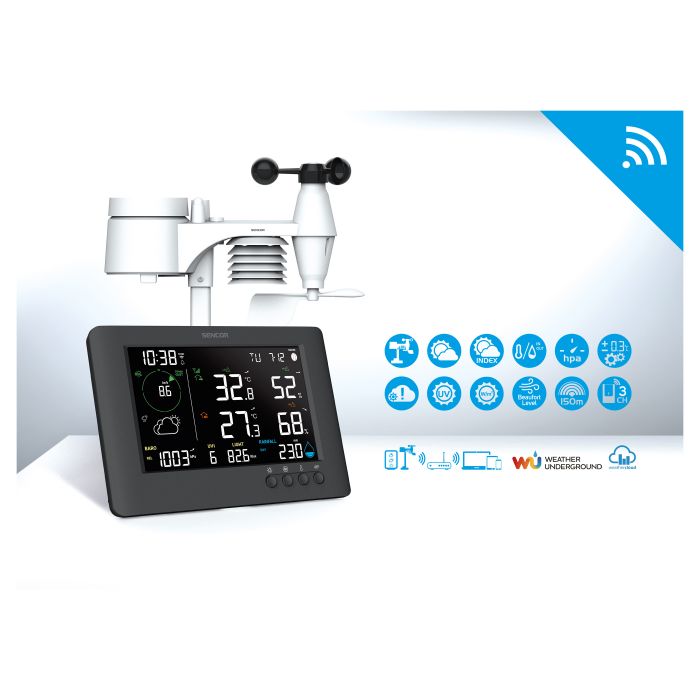 Метеостанція Sencor, внутр/зовн вимірювання, від мережі/CR2032x1+AAx3, темп-ра, вологість, час, прогноз погоди, атмосферний тиск, шв. вітру, підкл. до WIFI, чорний