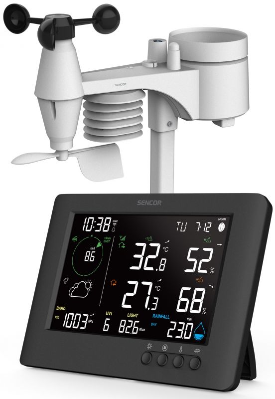 Метеостанція Sencor, внутр/зовн вимірювання, від мережі/CR2032x1+AAx3, темп-ра, вологість, час, прогноз погоди, атмосферний тиск, шв. вітру, підкл. до WIFI, чорний