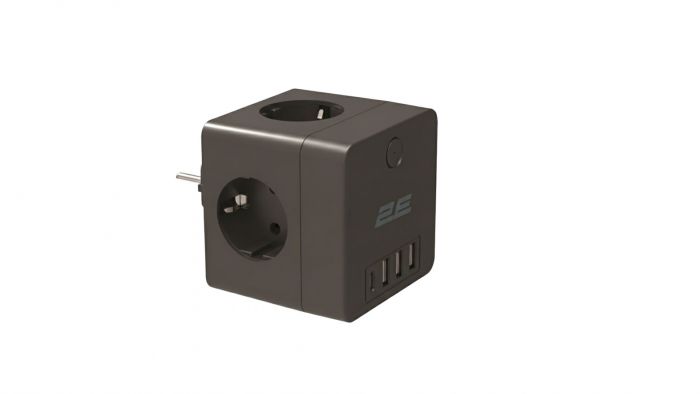 Адаптер мережевий 2E 3xТипF, 16A, 2xUSB-A, 1x USB-C фільтр, чорний