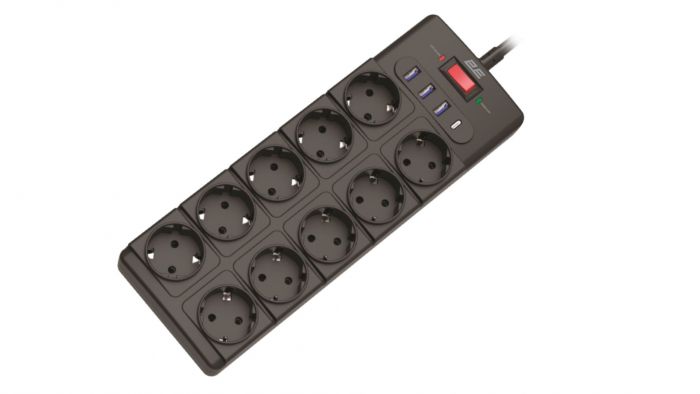 Подовжувач мережевий 2E 3м, 10xТипF, 16A, 3xUSB-A, 1xUSB-C, фільтр, чорний