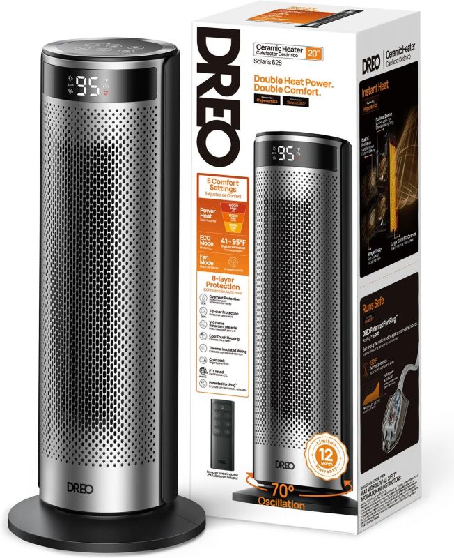 Тепловентилятор Dreo, 25м2, 2000Вт, электр. упр-ние, керамич. нарев.элемент , пульт ДУ, 4 скорост., серебристый