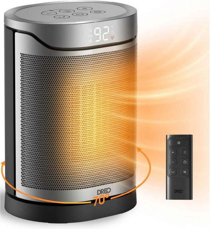 Тепловентилятор Dreo, 20м2, 1500Вт, електр. упр-ння, керамич.нагрів.елемент, пульт ДУ, 3 швидк., срібний