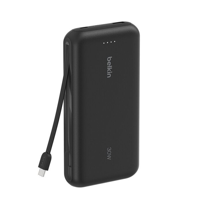Акумулятор портативний літій-іонний Power Bank Belkin 20000мА·год, 30Вт, з інтегрованим кабелем USB-C, чорний