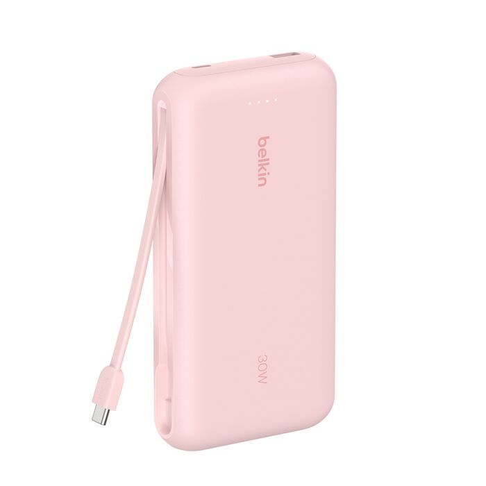 Акумулятор портативний літій-іонний Power Bank Belkin 20000мА·год, 30Вт, з інтегрованим кабелем USB-C, рожевий