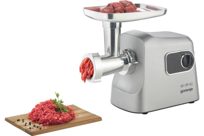 М'ясорубка Gorenje, 2500Вт, 2.8кг/хв, 3 решітки, насадка для ковбас, кеббе, шнековий соковидавлювач, 3 терки, пластик/метал, нерж
