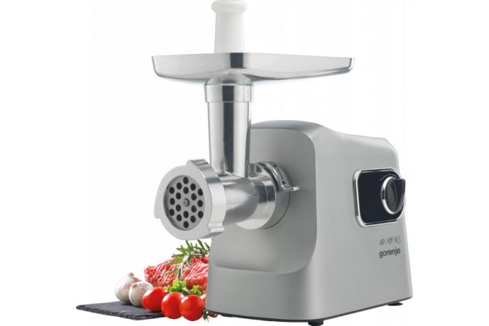 М'ясорубка Gorenje, 2500Вт, 2.8кг/хв, 3 решітки, насадка для ковбас, кеббе, шнековий соковидавлювач, 3 терки, пластик/метал, нерж