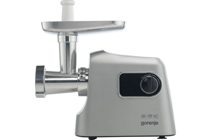 М'ясорубка Gorenje, 2500Вт, 2.8кг/хв, 3 решітки, насадка для ковбас, кеббе, шнековий соковидавлювач, 3 терки, пластик/метал, нерж