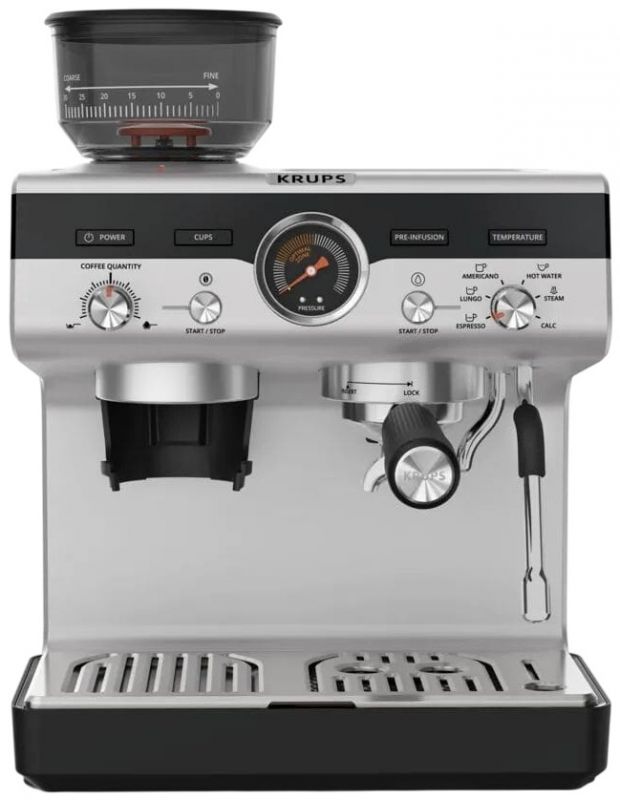 Кавоварка Krups ріжкова Precision+, 3.5л, вдубована кавомолка, ручний капучинатор, 15 бар, чорний-сірий