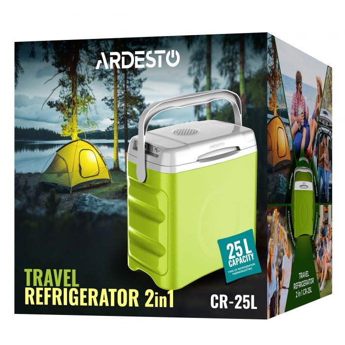 Холодильник дорожній ARDESTO, 2в1, 25л, 220/12В, підігрів 55°C, охолодження 18-20°C, USB-порт, 4.8кг, салатовий