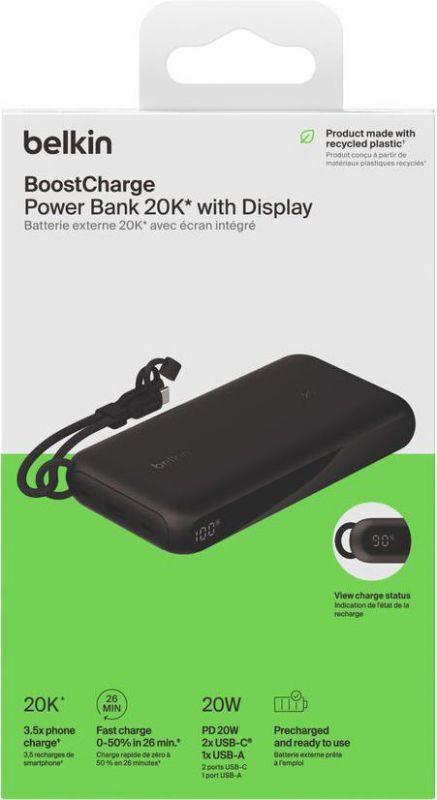 Акумулятор портативний літій-іонний Power Bank Belkin 20000мА·год, 20Вт, з дисплеєм, чорний
