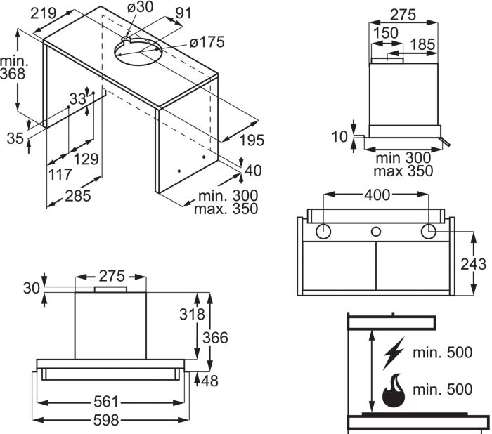 Витяжка Electrolux вбудована, 60см, 600м.куб/год., чорний