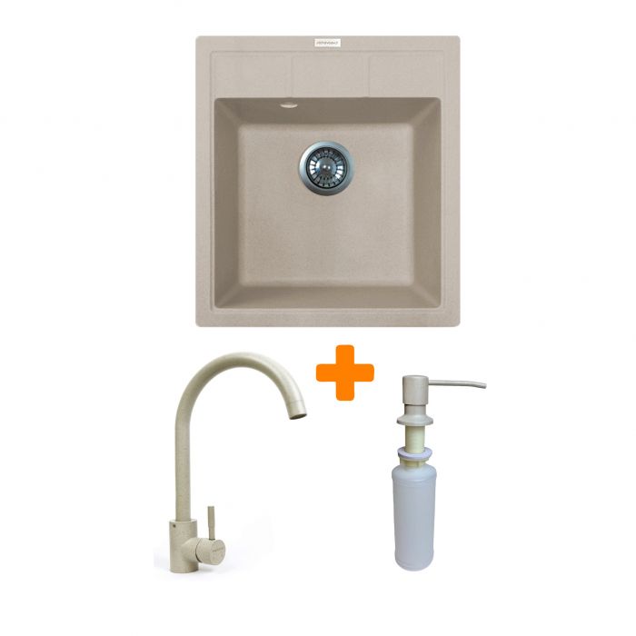 Набір кухонна Adamant Brick, штучний камінь, квадрат, без крила, 460x515x200мм, чаша - 1, врізна, Avena + змішувач та дозатор