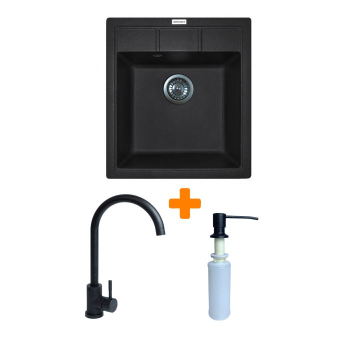 Набір кухонна Adamant Brick, штучний камінь, квадрат, без крила, 460x515x200мм, чаша - 1, врізна, чорний + змішувач та дозатор