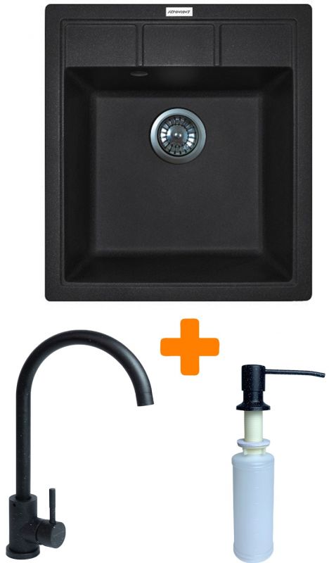 Набір кухонна Adamant Brick, штучний камінь, квадрат, без крила, 460x515x200мм, чаша - 1, врізна, чорний + змішувач та дозатор
