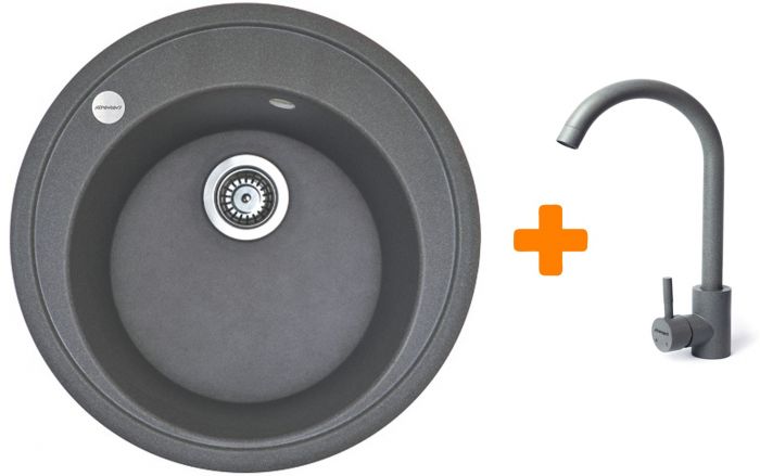 Набір кухонна Adamant Sun, штучний камінь, кругла, без крила, 510x200мм, чаша - 1, врізна, сірий + змішувач