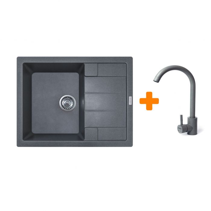 Набір кухонний Adamant Anila, штучний камінь, прямокут., з крилом, 645х495х200мм, чаша - 1, врізна, сірий + змішувач