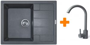 Набір кухонний Adamant Anila, штучний камінь, прямокут., з крилом, 645х495х200мм, чаша - 1, врізна, сірий + змішувач