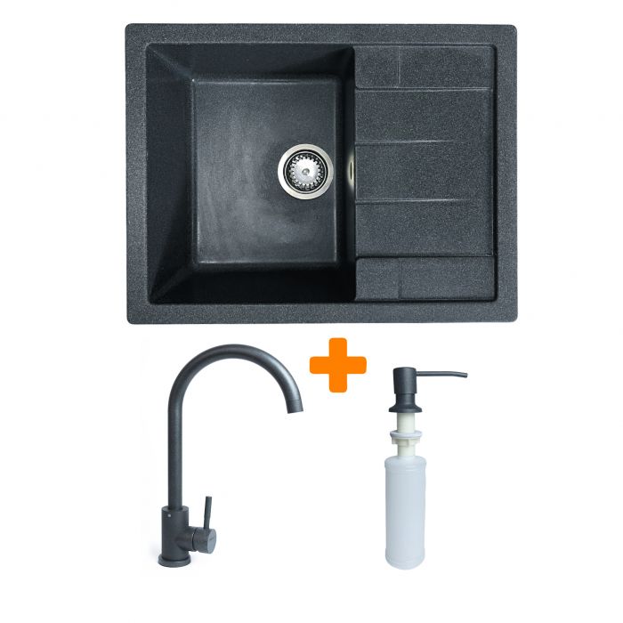 Набір кухонний Adamant Anila, штучний камінь, прямокут., з крилом, 645х495х200мм, чаша - 1, врізна, графіт + змішувач та дозатор