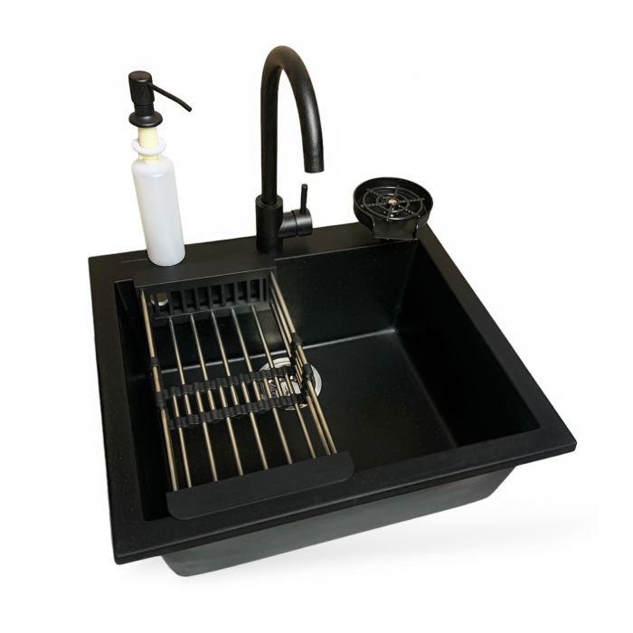 Набір кухонний Adamant Univer, штучний камінь, квадрат, без крила, 560х500х200мм, чаша - 1, врізна, антрацит + змішувач + дозатор + ополіскувач склянок + коландер
