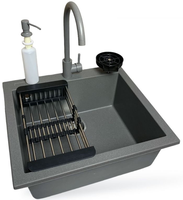 Набір кухонний Adamant Univer, штучний камінь, квадрат, без крила, 560х500х200мм, чаша - 1, врізна, сірий + змішувач + дозатор + ополіскувач склянок + коландер