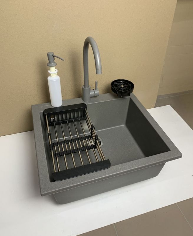 Набір кухонний Adamant Univer, штучний камінь, квадрат, без крила, 560х500х200мм, чаша - 1, врізна, сірий + змішувач + дозатор + ополіскувач склянок + коландер