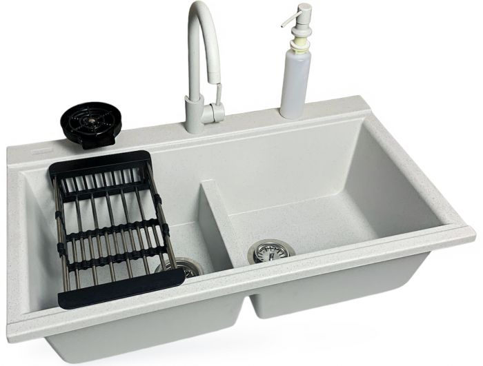 Набір кухонний Adamant Similar, штучний камінь, прямокут., без крила, 885x505x230мм, чаша - 2, врізна, Old stone + змішувач + дозатор + ополіскувач склянок + коландер