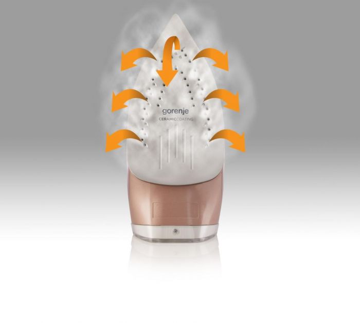 Праска Gorenje, 3200Вт, 420мл, паровий удар-250гр, верт. відпарювання, антинакип, автовідключення, керам. підошва, бронзово-білий