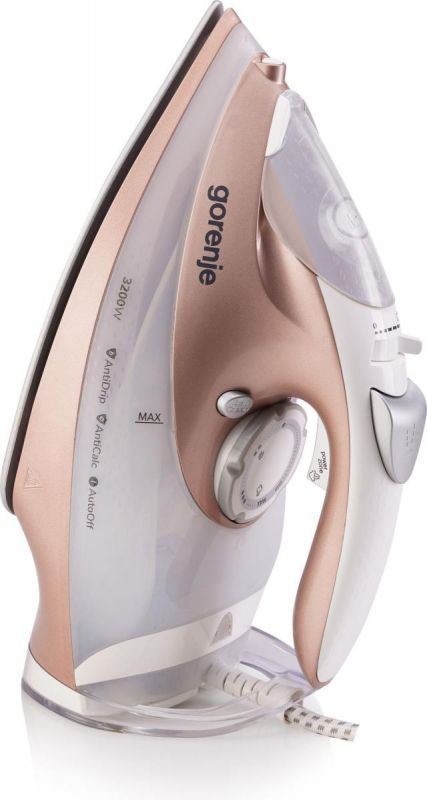 Праска Gorenje, 3200Вт, 420мл, паровий удар-250гр, верт. відпарювання, антинакип, автовідключення, керам. підошва, бронзово-білий