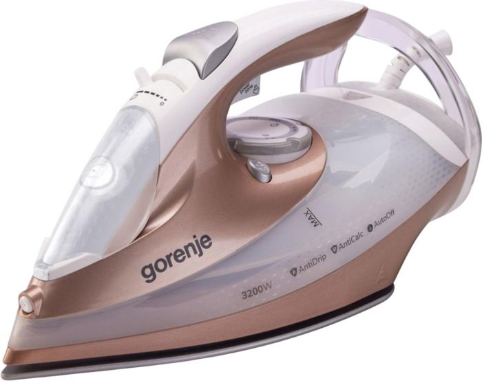 Праска Gorenje, 3200Вт, 420мл, паровий удар-250гр, верт. відпарювання, антинакип, автовідключення, керам. підошва, бронзово-білий