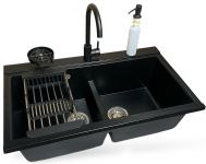 Набір кухонний Adamant Similar, штучний камінь, прямокут., без крила, 885x505x230мм, чаша - 2, врізна, чорний + змішувач + дозатор + ополіскувач склянок + коландер