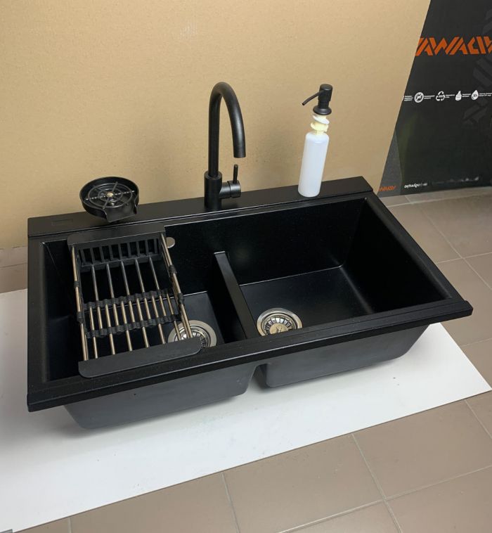 Набір кухонний Adamant Similar, штучний камінь, прямокут., без крила, 885x505x230мм, чаша - 2, врізна, чорний + змішувач + дозатор + ополіскувач склянок + коландер