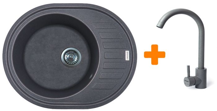 Набір кухонний Adamant Ovum, штучний камінь, овальна, з крилом, 615х495х200мм, чаша - 1, врізна, сірий + змішувач