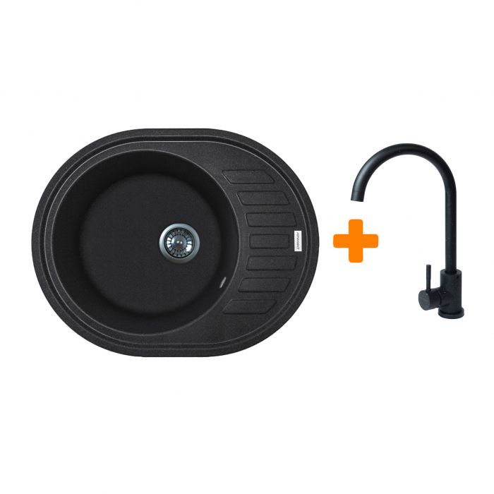 Набір кухонний Adamant Ovum, штучний камінь, овальна, з крилом, 615х495х200мм, чаша - 1, врізна, чорний + змішувач