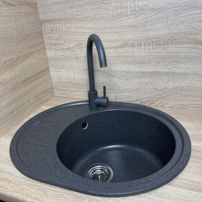 Набір кухонний Adamant Ovum, штучний камінь, овальна, з крилом, 615х495х200мм, чаша - 1, врізна, графіт + змішувач та дозатор