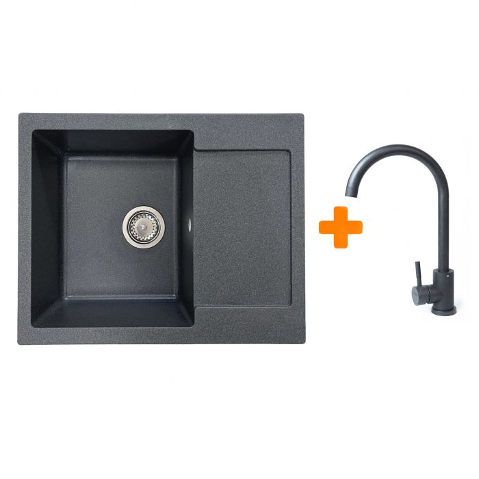 Набір кухонний Adamant Minimal, штучний камінь, прямокут., з крилом, 615х495х200мм, чаша - 1, врізна, графіт + змішувач