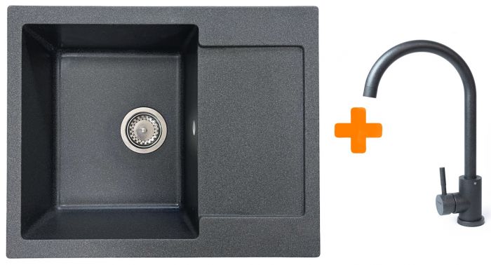 Набір кухонний Adamant Minimal, штучний камінь, прямокут., з крилом, 615х495х200мм, чаша - 1, врізна, графіт + змішувач