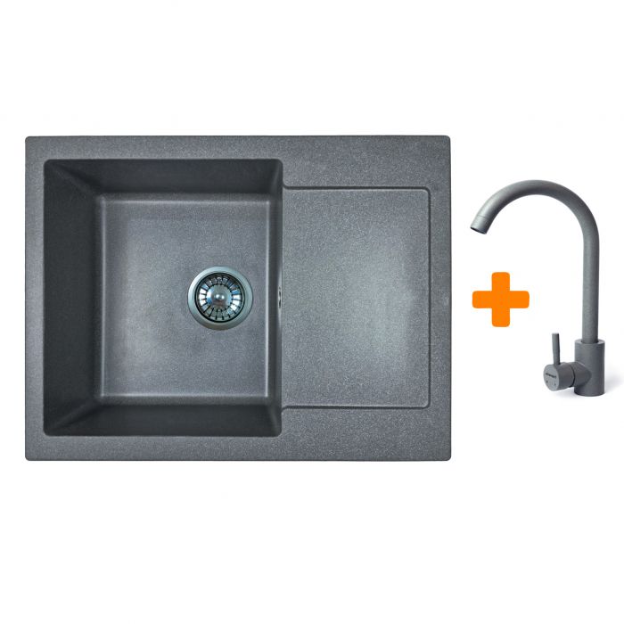 Набір кухонний Adamant Minimal, штучний камінь, прямокут., з крилом, 615х495х200мм, чаша - 1, врізна, сірий + змішувач