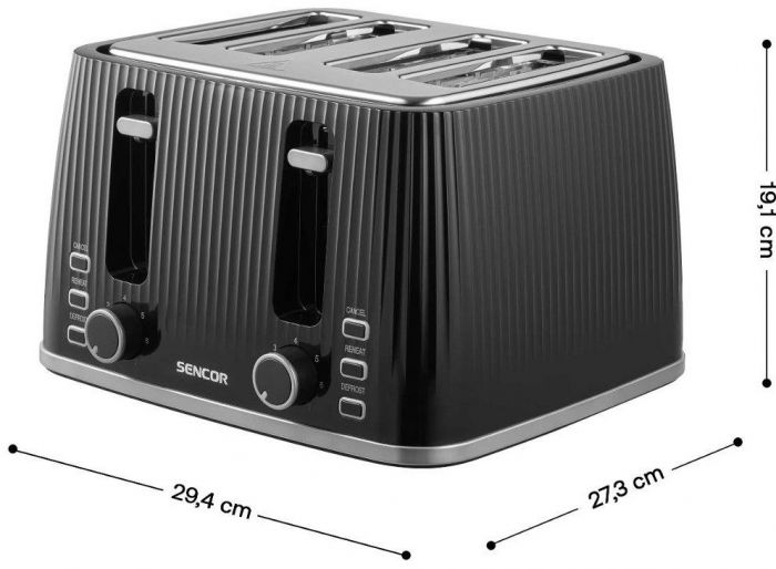 Тостер Sencor 1860Вт, підігрів, розморожування, 4 слоти, пластик, чорний