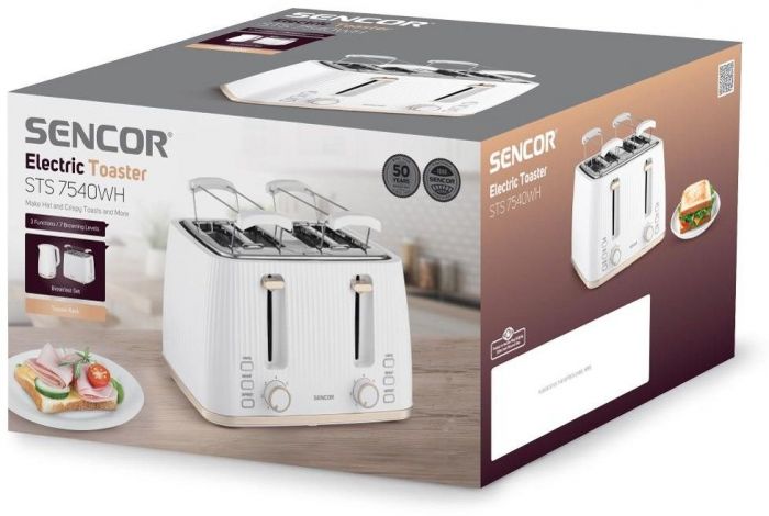 Тостер Sencor 1860Вт, підігрів, розморожування, 4 слоти, пластик, білий