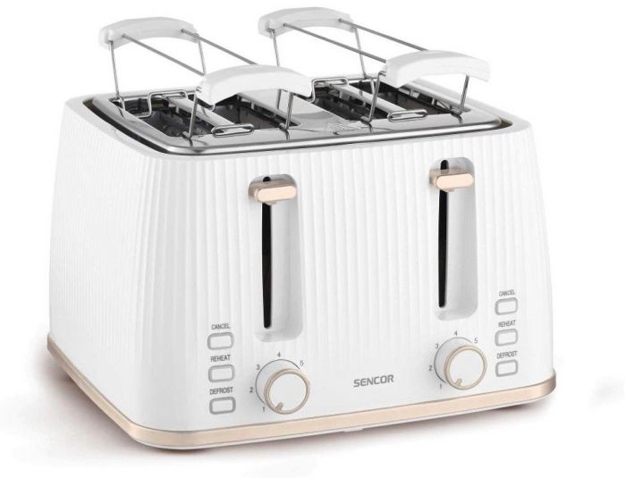 Тостер Sencor 1860Вт, підігрів, розморожування, 4 слоти, пластик, білий