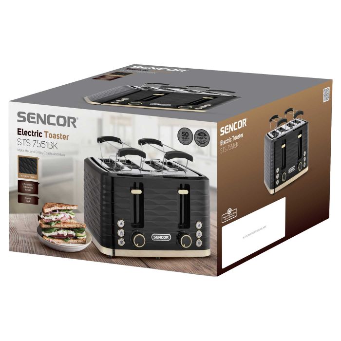 Тостер Sencor 1600Вт, підігрів, розморожування, 4 слоти, пластик, чорно-золотий