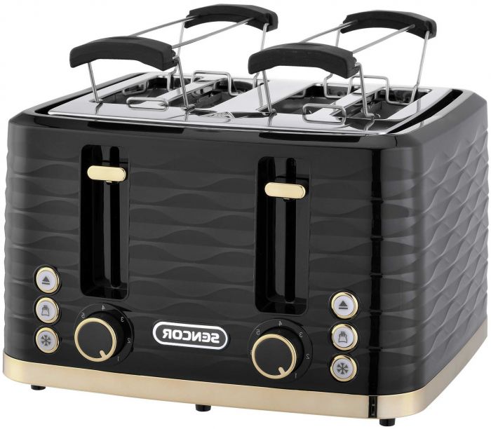 Тостер Sencor 1600Вт, підігрів, розморожування, 4 слоти, пластик, чорно-золотий
