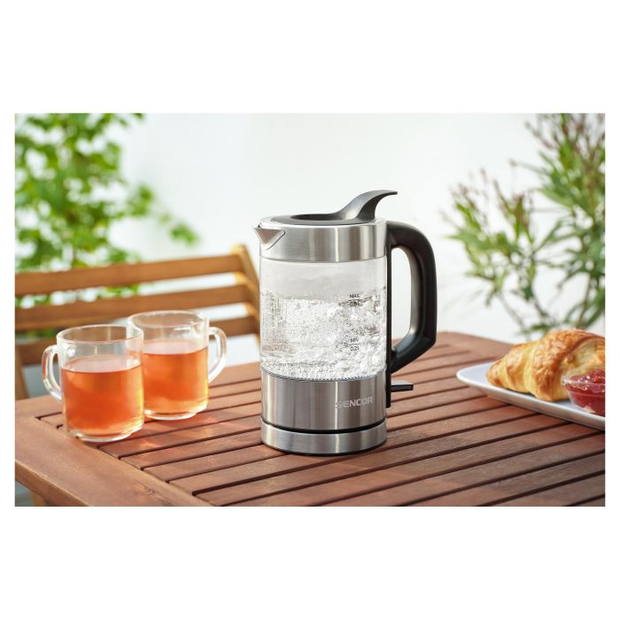 Електрочайник Sencor 0.5л, Strix, пластик, в комплекті 2 склянки + 2 ложки, скло, нерж. сталь